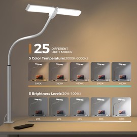 Led Desk Lamp for Home Office, Eye-Care Architect Light with Clamp, Smart Double Head Computer Monitor Table Clip Lamp, Adjustable Flexible Gooseneck, 25 Lighting Models, Task lamp, White and Sliver