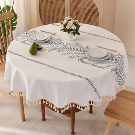 SUCHDECO Round Tablecloth 120cm - Cotton Linen Fabric Table Cloth with Tassel, Leaf Embroidery Tablecloth Washable Table Cover Circular Tablecloths for Kitchen Dining Room Birthday Party, Beige&Blue