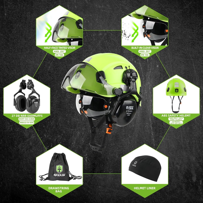 GREEN DEVIL Hard Hat Safety Helmet with Visor and Ear