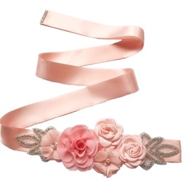 Lauthen.S Sash Belt with Flowers Pearls Rhinestone for Wedding Bride/Baby Shower Dress,Coral