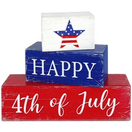 COCHIE Wooden Happy 4th of July Decorations Table Sign, Red Blue White Table Centerpiece Blocks, Patriotic Decorations for Home, Office, Mantel, Tabletop, Party, Shelf Set of 3 (July Retro)