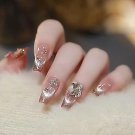 Cat Eye Press on Nail Medium Ballet Shaped Artificial Acrylic Nails 3D Butterfly False Nails Glitter Diamond Design Cat Eye French Fake Nails Full Cover Reusable Coffin Nails Glue on Nails for Women