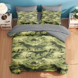 Pamnest Comforter Set Twin Size, Camouflage Dino Dinosaur 5 Pcs Bedding for Kids and Adults, Cute Funny Green Bed Sheet Sets with Fitted Sheet Pillowcase & Sham for Bedroom Bed Decor