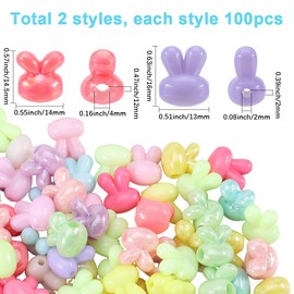 SOFPLATE 200Pcs 2 Styles Bunny Spacer Bead Easter Craft Beads Colorful Rabbit Opaque Pet Animal Acrylic Smooth Pony Loose Charms Accessories for Jewellery Making Necklace Bracelets Earrings DIY Crafts