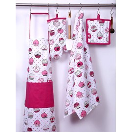 AMOUR INFINI 5 Piece Set of Apron,2 Kitchen Towel,Oven Mitt and Pot Holder in a Valentine Cup Cakes Design |Cotton Thanksgiving Christmas Gift Set|Event Outdoor BBQ Baking Grilling Party Kitchen Decor