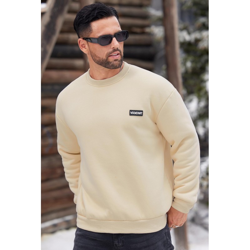 VOGSTART Men's Sherpa Lined Sweatshirt Crew Neck Fleece Pullover Cosy