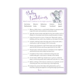 Roseum Collections Gender Neutral Baby Shower Games — Baby Traditions Around The World Game — 25 Guests — Purple Elephant Little Peanut Theme, Fun Facts Co-ed Couples Shower Activity G503-BTW