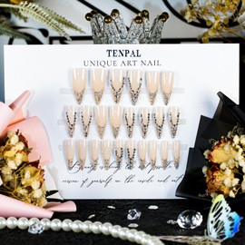 TENPAL French Tip Press on Nails Almond Acrylic Fake Nails With Diamond 24pcs/Box Ballet Full Cover Glitter French Tip Nails With Rhinestones For Women Girls Bridal Nails Press ons