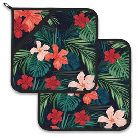 Tropic Hawaiian Hibiscus Flower Pot Holder Set of 2,Heat Resistant Potholders Oven Hot Pads for Kitchen Cooking Baking BBQ