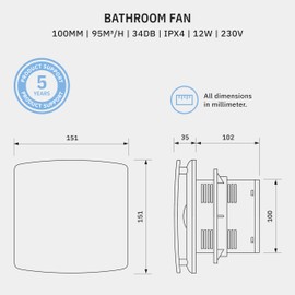 calimaero® BREEZE Bathroom Extractor Fan 100mm with Over-run And Backdraft Shutter, 4 inch Bathroom Fan with Humidity Sensor, Energy Efficient, Quiet, Plastic 12 W, 95m³/h, 32db, Ipx4,