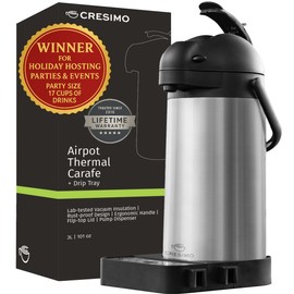 Airpot Coffee Dispenser with Pump & Tray - 102oz/3L Coffee Carafe with Pump - 12 Hours Hot Drink Dispenser for Parties - Stainless Steel Thermal Carafe for Hot Cocoa Bar -Easy-to-Use Insulated Pitcher