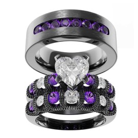 Couple Ring Bridal Set His Hers Black Gold Plated White Heart Blue Sapphire CZ Titanium steel Wedding Ring Band Set