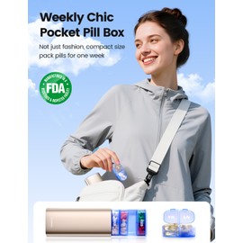 Vaydeer Large Weekly Pill Organizer 2 Times a Day,Metal 7 Day Travel Pill Box with Double Protection,AM PM Pill Case for for Medication, Vitamins, Fish Oils, Supplements(Champagne Gold)