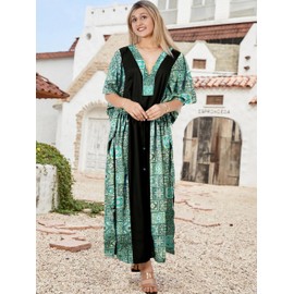 LA LEELA Women's African Beach Maxi Plus Size Caftan Casual Long Slit Dress Loungewear Dashiki Dresses for Women 2X-3X Geometric, Black, Geometric Black, 2X-3X