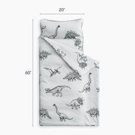 Wake In Cloud - Toddler Nap Mat with Pillow and Blanket, for Kids Boys Girls in Kindergarten Daycare Preschool Pre K, Roll Up Sleeping Bag, Jurassic Dinosaur Dino, Grey, Extra Long