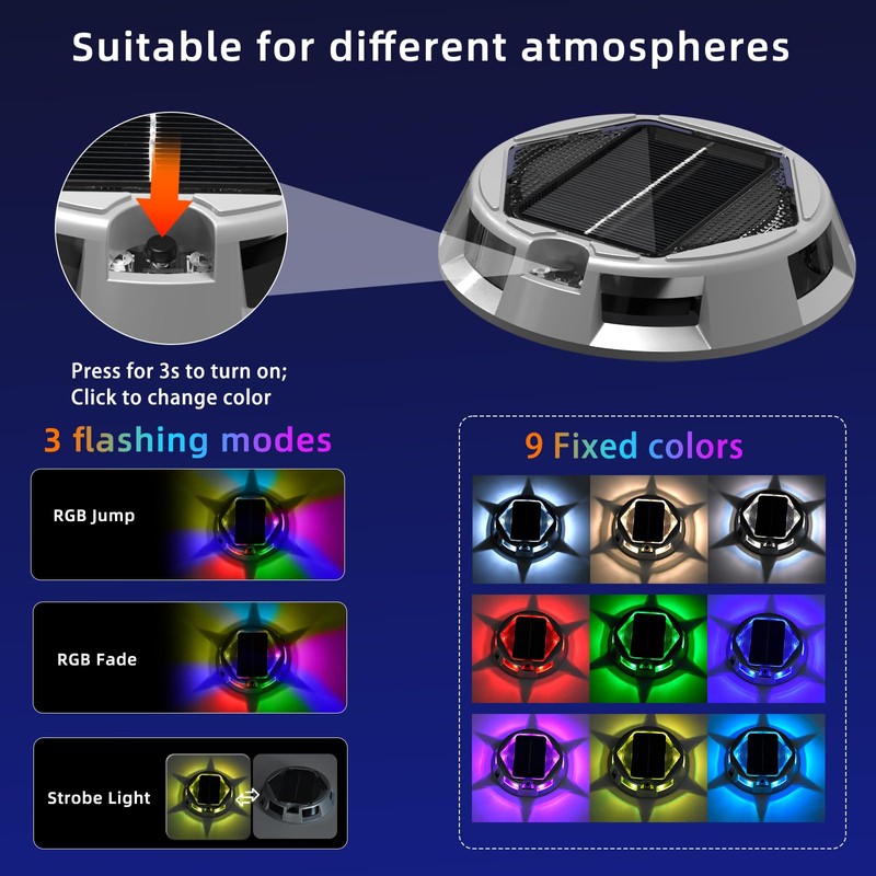 Multicolor Solar Driveway Deck Lights, [4 Pack] 12 Modes IP67