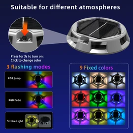 Multicolor Solar Driveway Deck Lights, [4 Pack] 12 Modes IP67 Waterproof Solar Marine Dock Lights, Aluminum Alloy LED Driveway Markers Outdoor Deck Step Pathway Sidewalk Lighting