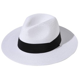 Lanzom Women Wide Brim Straw Panama Roll up Hat Fedora Beach Sun Hat UPF50+(White,Large-X-Large)