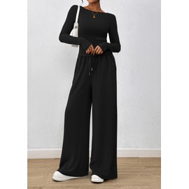 PRETTYGARDEN Women's 2 Piece Lounge Sets 2025 Fall Fashion Long Sleeve Crop Top Wide Leg Pants Matching Sets Clothing (Black,Small)