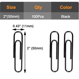 Vinaco Paper Clips Black, 100 Pack Large Paper Clips 2 Inch (50 mm), Durable & Rust Resistant, Jumbo Paperclips. Great for Office, School and Personal Use (Black)