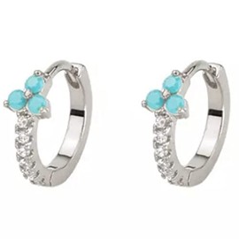 AT Jewellery - 925 Sterling Silver Flower Blue Turquoise Small CZ Cubic Zirconia Sleeper Huggie Hoop Earrings