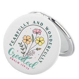 FEELMEM Taschenspiegel mit christlichem Blumenmuster, Bibelvers Fearfully and Wonderfully Prayer Faith, Make-up-Spiegel, Wildblume, Bibelgeschenk, Beige