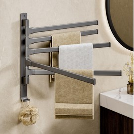 yozhch Kitchen Swivel Towel Rack Wall Mounted, Bathroom Rotating Small Towel Rack, Lavatory Swing Hand Towel Holder Folding Bar, Nail-free or Drilled Mounting Options, 5 Arm Length 32cm Grey