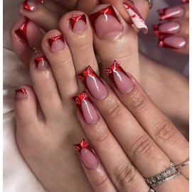 48Pcs Red Press on Nails & Toenails Set Short Fake Toe Nails Medium Press on French Tip Nails Cute Fake Nails with Heart Design Glossy Acrylic Nails Full Cover Stick on Nails for Women Manicure DIY