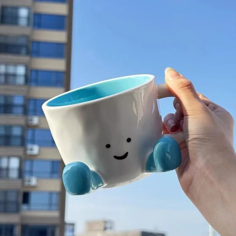 1pc 11.83oz Cute Little Feet Ceramic Cup with Spoon, Underglaze