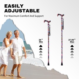 YOKABOZE Aluminum Adjustable Folding Cane with Floral Pattern – Twist-Lock Height to 38", Soft Ergonomic Handle & Safety Wrist Strap, Lightweight 3.5lbs for Women Seniors (Pink Flower)