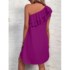 Floerns Women's One Shoulder Tiered Layered Sleeveless Ruffle Trim Tunic Dress Purple XL