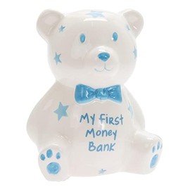 My First Money Bank MINI Teddy Money Box White with Blue Stars