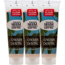 Crema Dental Natural LIBRE DE FLUOR Artesanal de Corteza de Neem-Sin Fluor, Gluten, Sulfatos (SLS), Parabenos, Petrolatos, Triclosan, Azucar bienestar NEEM ERFRE (Menta, Paq. 3)