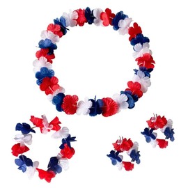 Zhzrche 1 Set 4pcs Hawaiian Leis Elastic Flowers Necklaces for 4th of July, Headbands and Wristbands Tropical Luau Party Decorations