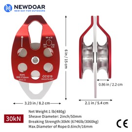 NewDoar 30 KN CE Certified Large Rescue Pulley Double Sheave with Swing Plate for Outdoor Mountaineering Rock Climbing Rescue(Red 1pcs)