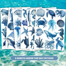 Under The Sea Tattoos | Underwater Ocean Creature Temporary Tattoo | Sea Themed Birthday Party Favors, Supplies, Decorations, Fake Tattoo Stickers, School Rewards & Gifts Boys & Girls