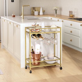 MAHANCRIS Gold Bar Cart, Beverage Cart with Wheels, Bar Cart for The Home, 2-Tier Drink Cart with Wine Rack and Glass Holder, Kitchen, Dining Room, Gold RCJ63B01Z