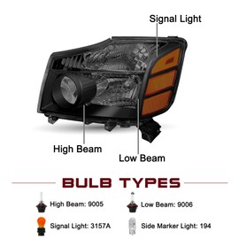 JSBOYAT Headlight Assembly Compatible with 2004-2015 Nissan Titan / 2005-2007 Armada OEM Replacement Headlamp Passenger and Driver Side Black Housing with Smoke Lens Bulbs Included