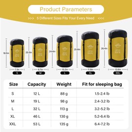 OMVMO Sleeping Bag Stuff Sack, 11L/18L/30L/45L/52L Water-Resistant Compression Sack,Anti-Tear Ultra Light Nylon Storage Bag，Black/Yellow/Orange/Dark Blue/Dark Green/Sky Blue (Yellow, XXL/53L)