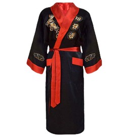 Bon amixyl Mens Silk Kimono Robe Reversible Silk Bathrobes Chinese Dragon Kimono For Men with Belt, Black/Red, XX-Large