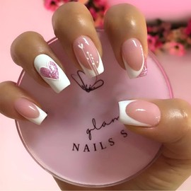 Nude Press on Nails Short Square Valentine's Day Fake Nails with Glitter Heart Deign French Tips Medium False Nails Glossy Full Cover Glue on Nails Stick on Nails for Women and Girls 24Pcs