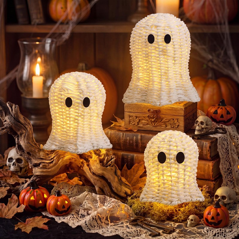 Geelin 3 Pcs Woven Ghost Decor with LED String Lights