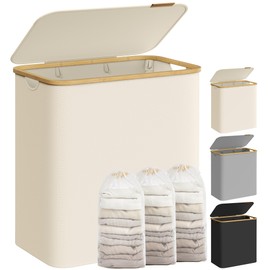 SONGMICS Laundry Hamper with Lid, 3-Section Large Laundry Basket, 52.8-gallon (150L), Removable Mesh Liner, Bamboo Handles, Collapsible, 23.6 x 15.2 x 27.8 Inches, Cream White ULCB515W01