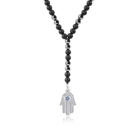 GAVU Pearl Necklace Made of Onyx Hematite with Evil Eye Evil Eye Pendant Y Necklace for Men, Stone, Onyx Hematite