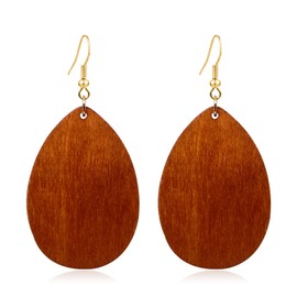 KaFu Dangle Natural Wood Teardrop Geometric Circle Earrings Stainless Steel Stud Bohemia Retro Earrings for Women (Brown)