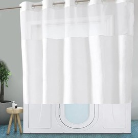 Gipsighila Short Shower Curtain 60 inch, White Waffle Shower Curtain for Step in Tub or Walkin Tub, See Through Shower Curtain with Window with No Hooks 71x60''
