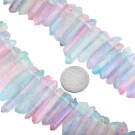 Nupuyai Natural Rock Crystal Quartz Crystal Points for Jewelry Making, Titanium Coated Aura Crystal Top Drilled Graduated Spike Stone Beads 15" Full Strand