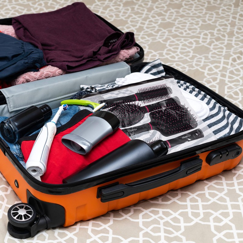 Relaxdays Hairbrushes Set of 4, Travel Bag, Round, Rectangular, Paddle,