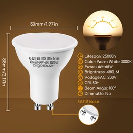 Aigostar GU10 LED Bulbs 6W, Warm White 3000K 480 Lumen, 10 Pcs/Box, 68W Incandescent Bulb Equivalent100 Beam Angle, Non-dimmable,Flicker Free