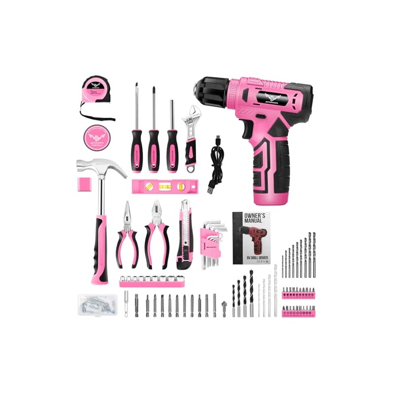 JENABOM 127-Piece Home Tool Set with 8V Pink Cordless Drill
